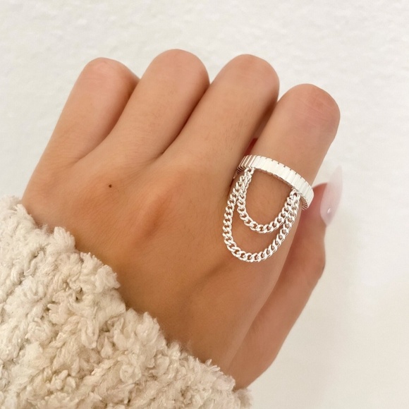 925 Sterling Silver Dangle Chain Drop Ring Minimalist Dainty Ring - Picture 1 of 7